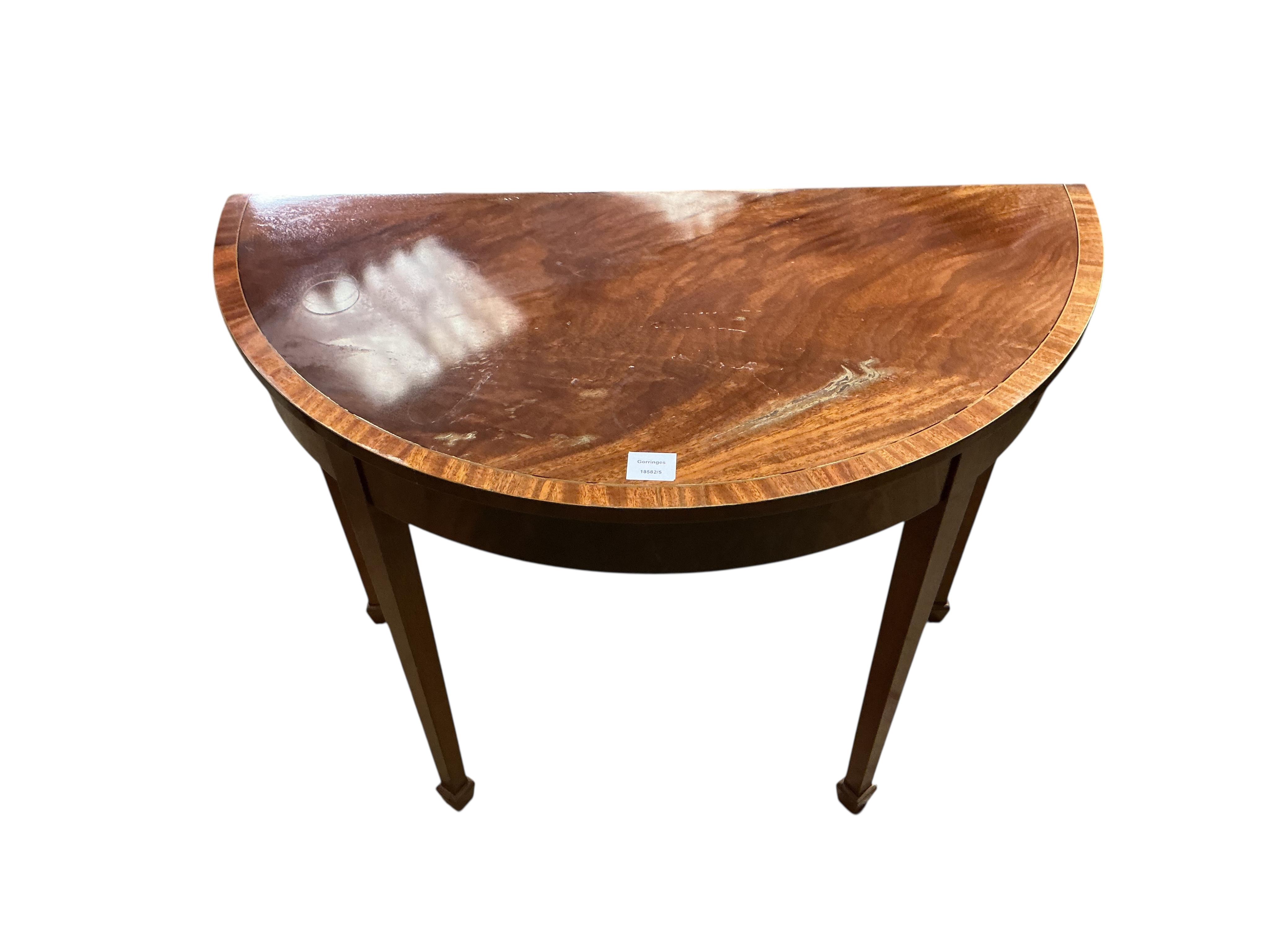 A George III style banded mahogany demi-lune side table, width 92cm, depth 46cm, height 74cm